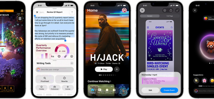 Side-by-side iPhone 17e devices showing different screens: a game being played, Writing Tools, Apple TV app, a calendar event being created, a Genmoji being created