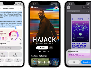 Side-by-side iPhone 17e devices showing different screens: a game being played, Writing Tools, Apple TV app, a calendar event being created, a Genmoji being created