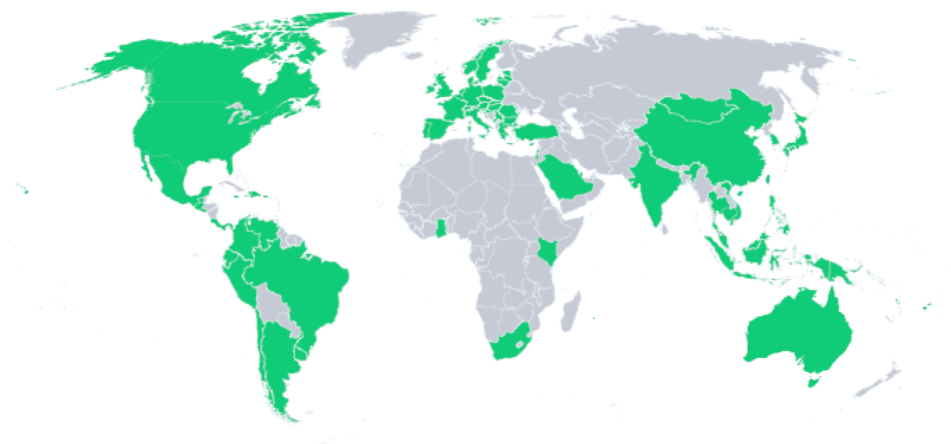 A map of countries that you can to roam to with One NZ.