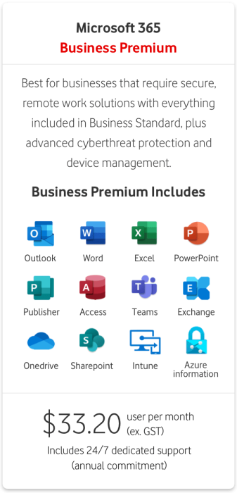 $33.20 per user per month (excl. GST) for Microsoft 365 Business Premium
