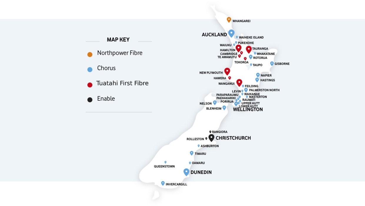 Map of New Zealand showing fibre install partner locations