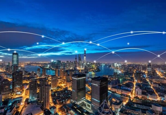 City with sky scrappers showing communication between buildings