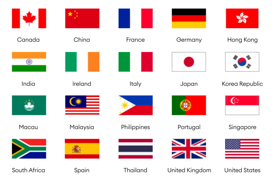 Destinations are Canada, China, France, Germany, Hong Kong, India, Ireland, Italy, Japan, Korea Republic, Macau, Malaysia, Philippines, Portugal, Singapore, South Africa, Spain, Thailand, United Kingdom, and United States of America.