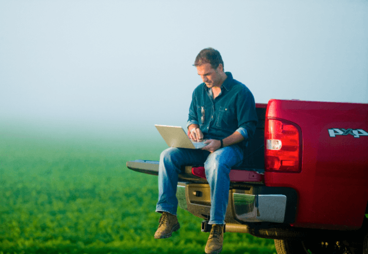 A man sitting on the tailgate of his ute, checking email on his laptop.