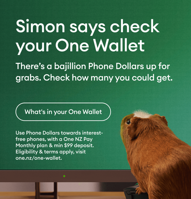 A guinea pig named Simon looks at a computer screen displaying the text “Simon says check your One Wallet.” Below it reads, “There’s a bajillion Phone Dollars up for grabs. Check how many you could get.” A button on the screen says “What’s in your One Wallet.