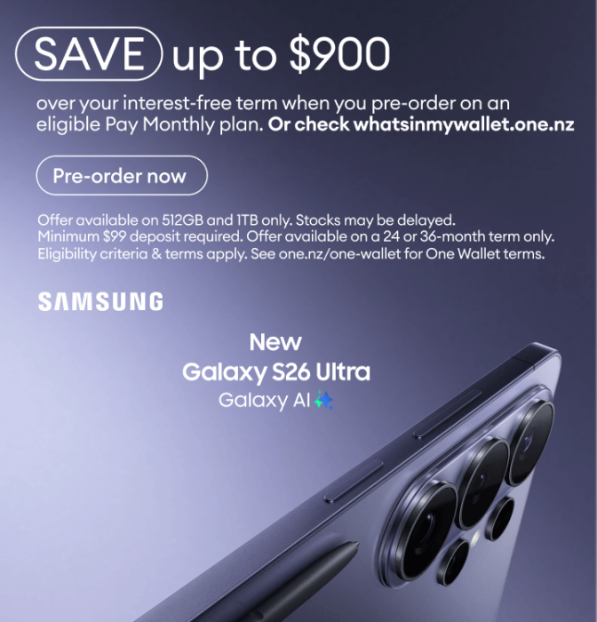 Save up to $900 over your interest‑free term when you pre‑order the new Samsung Galaxy S26 Ultra with Galaxy AI on an eligible Pay Monthly plan.