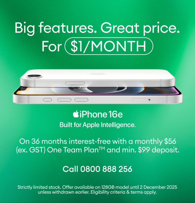 Big features. Great price. For $1/month on 36 months interest-free with a monthly $56 (ex. GST) One Team Plan™ and minimum $99 deposit. iPhone 16e. Built for Apple Intelligence.