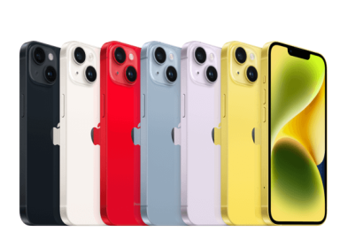 iPhone 14 Plus colourway: midnight, starlight, (product) red, blue, purple, yellow