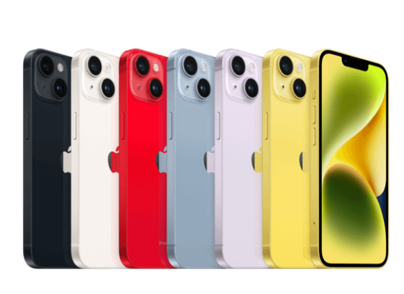 iPhone 14 Plus colourway: midnight, starlight, (product) red, blue, purple, yellow