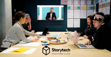 People in a video conference with storytech logo