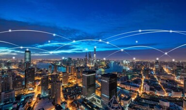 City with sky scrappers showing communication between buildings