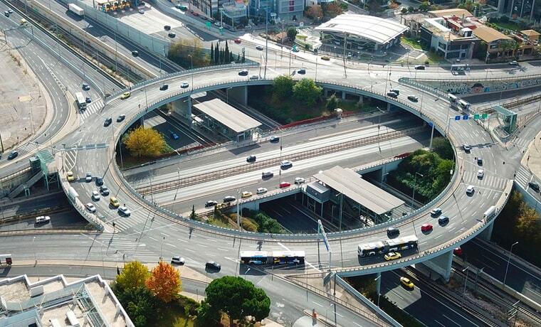 Motorway in a city showing flyovers and cars