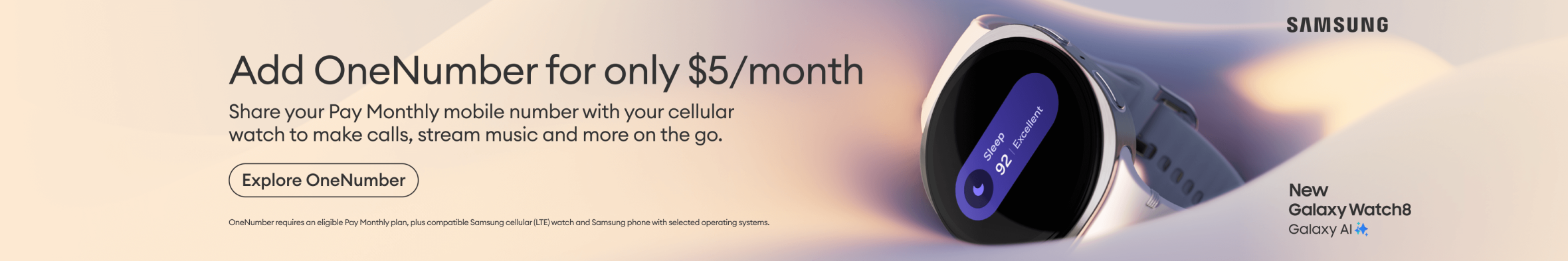 Add OneNumber for only $5/month - Share your Pay Monthly mobile number with your cellular watch to make calls, stream music and more on the go.