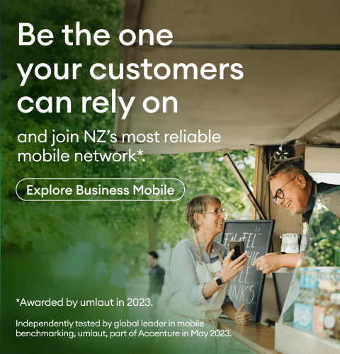 Be the one your customers can rely on and join NZ’s most reliable mobile network* Awarded by umlaut in 2023. Independently tested by global leader in mobile benchmarking, umlaut, part of Accenture in May 2023. Explore Business Mobile.