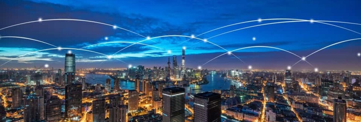 City with sky scrappers showing communication between buildings