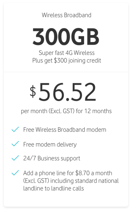 Wireless Broadband 300GB $56.52 (excl GST) per month for 12 months