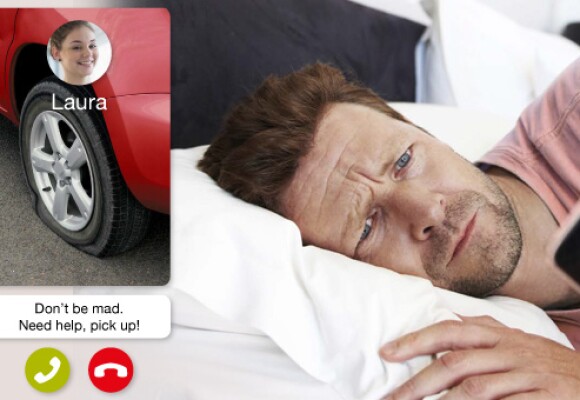 Man in bed looking at phone screen, Laura on the video call to him