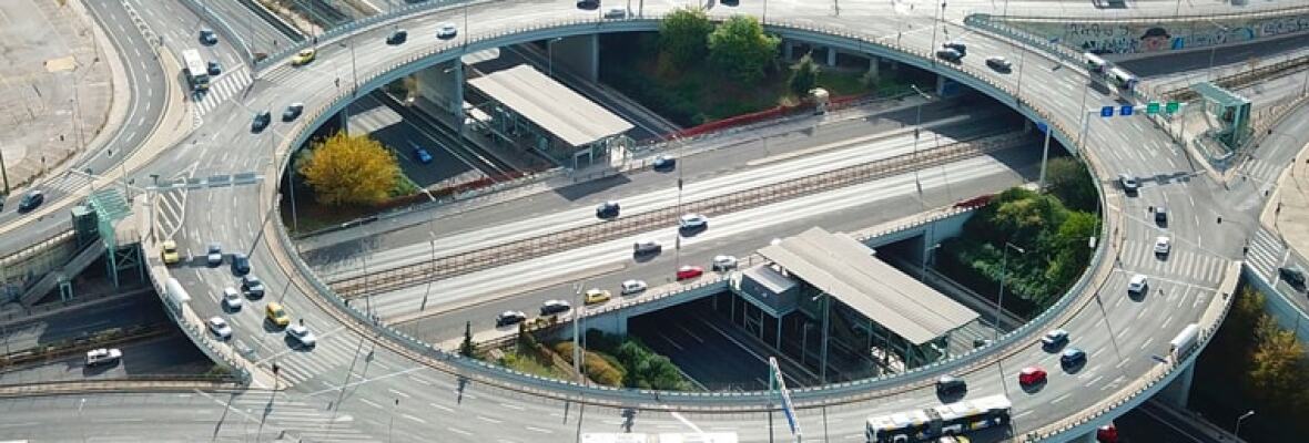 Motorway in a city showing flyovers and cars