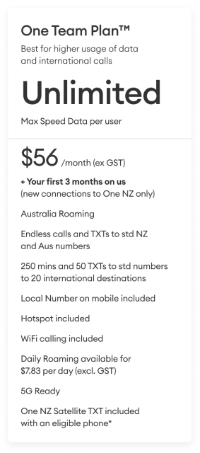 One Team Plan Unlimited max speed data per user $56 per month (ex. GST)