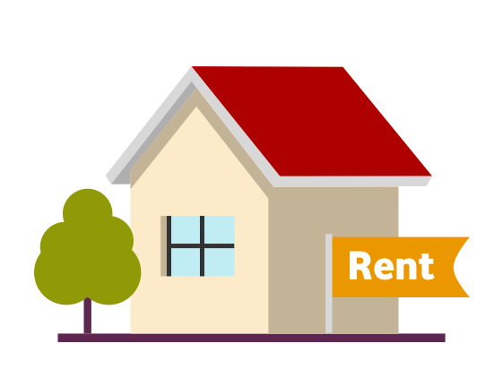 Image of a cartoon house with a rent sign