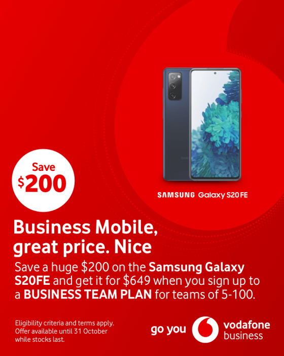 Save a huge $200 on the Samsung Galaxy S20FE and get it for $649 when you sign up to a BUSINESS TEAM PLAN for teams of 5-100