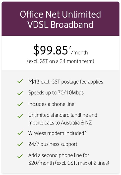 Office Net Unlimited VDSL Broadband
$99.85/month (excl. GST on a 24 month term)
$13+GST modem postage fee applies
Speeds up to 70/10Mbps
Includes a phone line
Unlimited standard landline and mobile calls to Australia & NZ
Wireless modem included
24/7 business support
Add a second phone line for $20/month (excl. GST., max of 2 lines)
