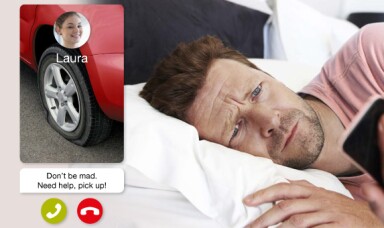Man in bed looking at phone screen, Laura on the video call to him