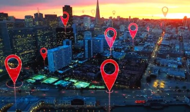 A graphic depicting 5G coverage spots on a city skyline