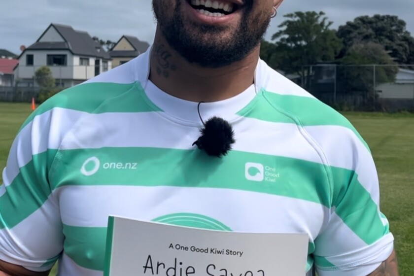 Ardie Savea with his book "A One Good Kiwi Story".