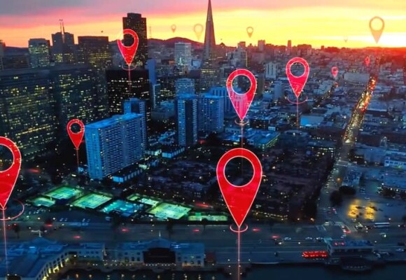 A graphic depicting 5G coverage spots on a city skyline