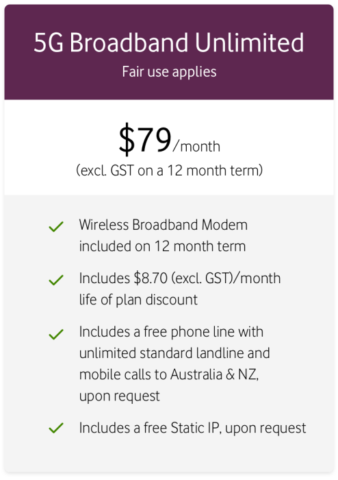 5G broadband unlimited from $79 per month (excluding GST on a 12-month term)