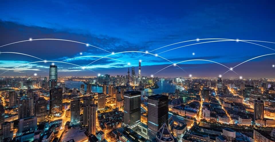 Photo of city showing communication links
