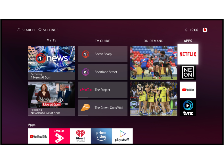 VodafoneTV menu showing apps and channels