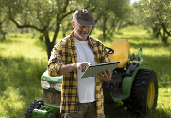 Man working in a farm holding tablet