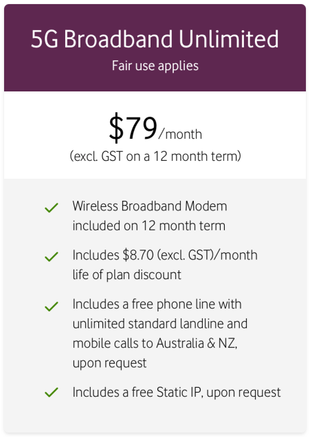 5G broadband unlimited from $79 per month (excluding GST on a 12-month term)