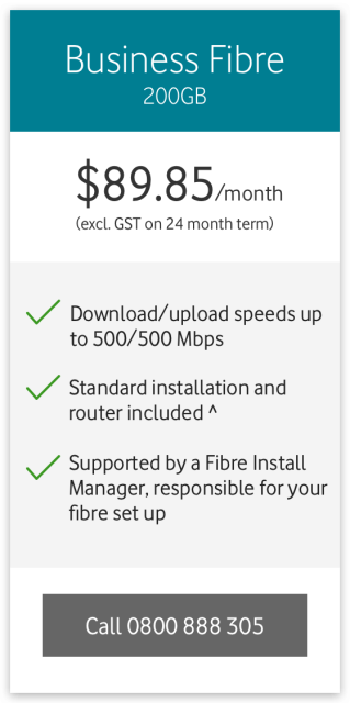 Business Max Fibre Unlimited
$89.85/month (excl. GST on a 24 month term)
Download/upload speeds up to 500/500Mbps
Standard installation and router included^
Supported by a Fibre Install Manager, responsible for your fibre set up
Call 0800 888 305