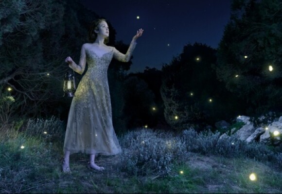 Woman in a garden holding lantern with fireflies