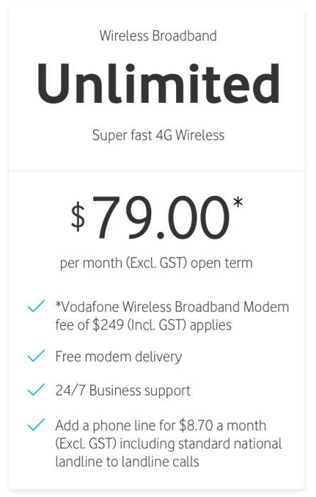 Unlimited Wireless Broadband $79.00 per month (Excl GST) for 12 months