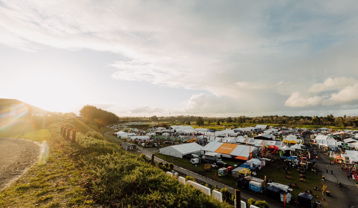 Outdoor exhibit stalls during sunset