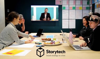 People in a video conference with storytech logo