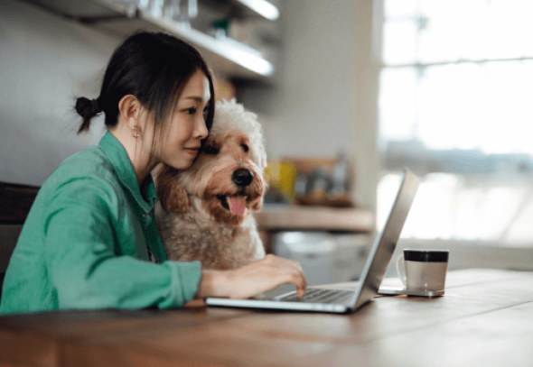 A dog sitting next to a person using a laptop