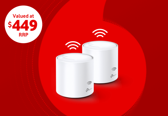 Promotional image of two Deco X20 mesh units, valued at $449 RRP