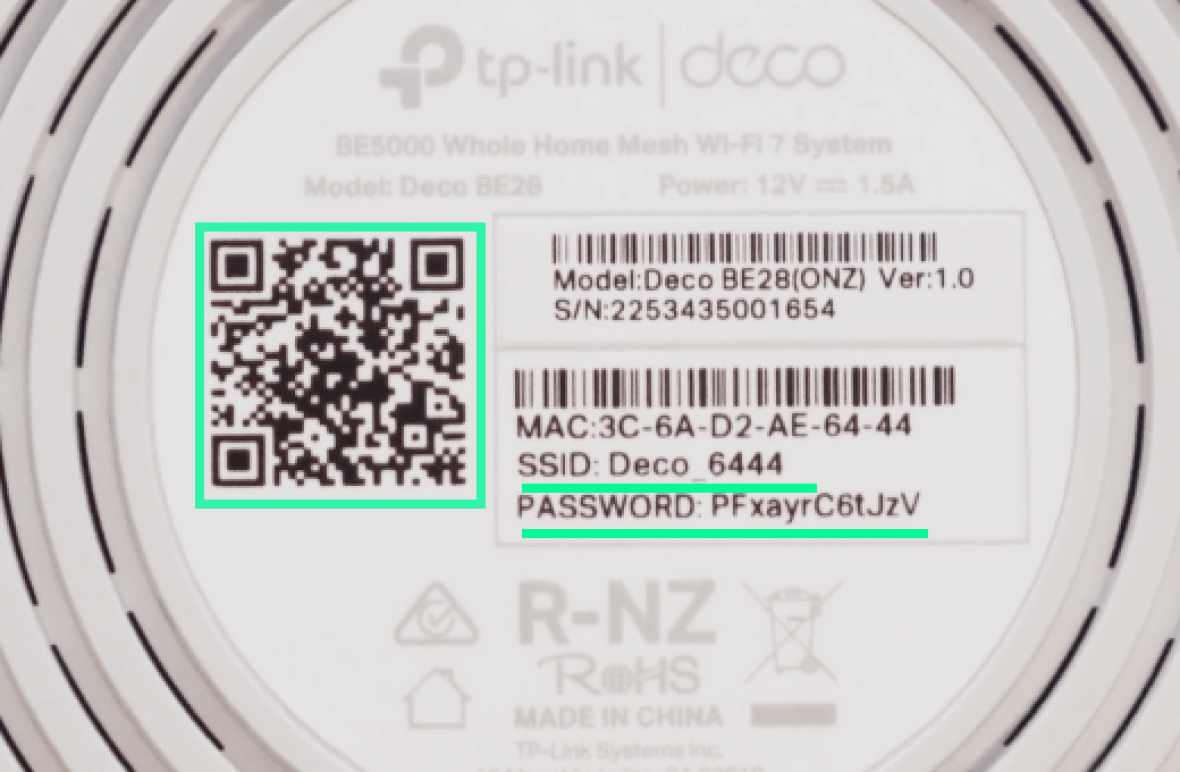 TP-Link Deco Wi-Fi router label with QR code, SSID, password, and device information for easy network setup.