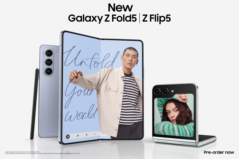 The Samsung Z Flip5 and Samsung Z Fold5 folding phones.