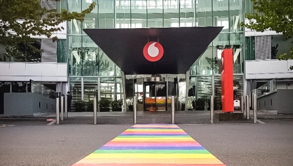 Rainbow pedestrian crossing at Vodafone, Smales Farm