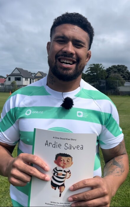 Ardie Savea with his book "A One Good Kiwi Story".