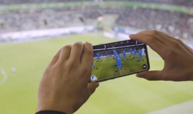 Person holding mobile phone in a stadium
