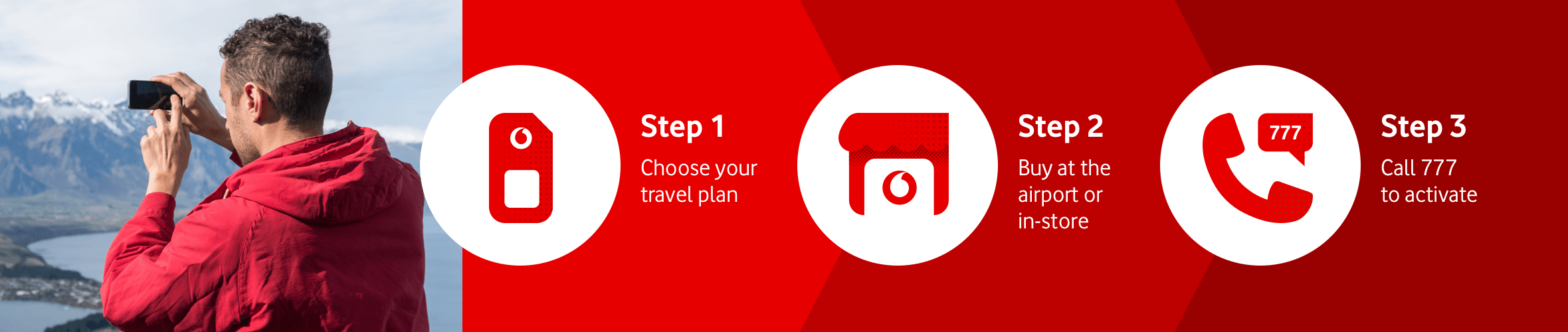 Step 1 Choose your travel plan, Step 2 Buy at the airport or in-store, Step 3 Call 777 to activate