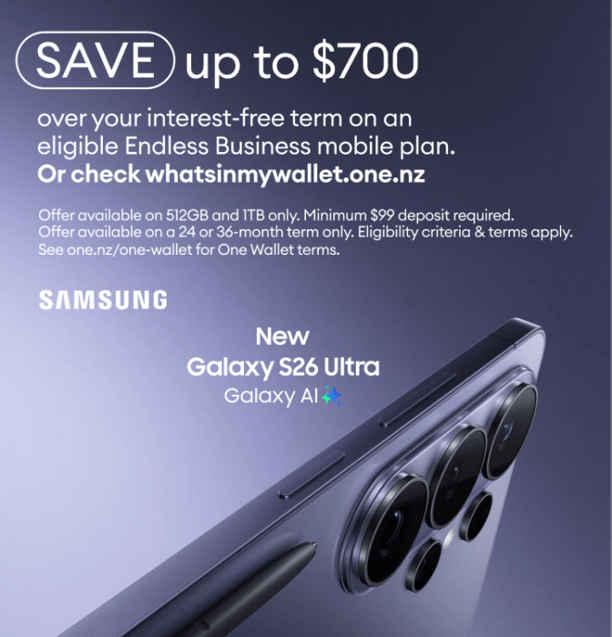 SAVE up to $700 over your interest-free term on an eligible Endless Business mobile plan or check whatsinmywallet.one.nz. On the 512GB and 1TB variants only. Minimum $99 deposit required. Offer available on a 24 or 36-month term only. Eligibility criteria & terms apply. See one.nz/one-wallet for One Wallet terms.