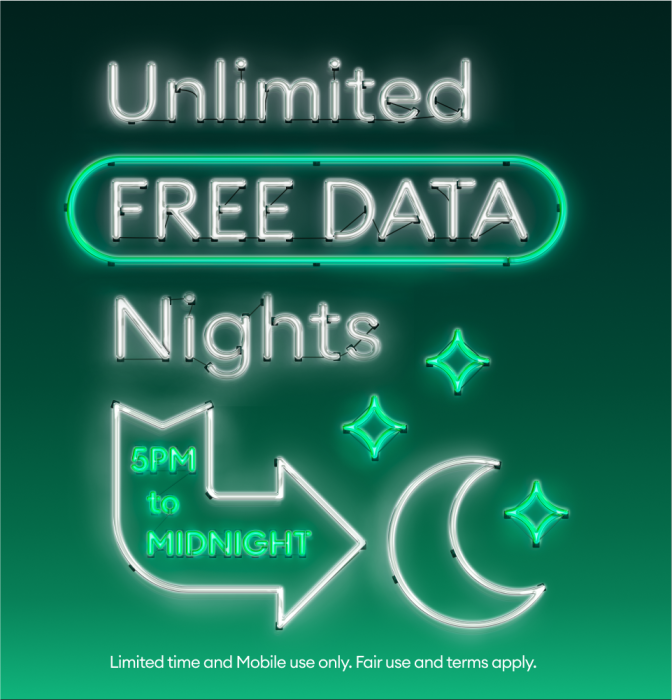 Unlimited free data nights 5PM to Midnight.